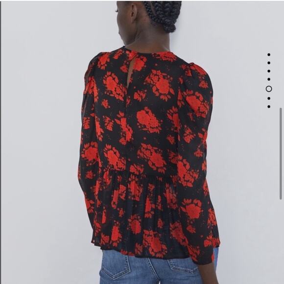 Zara Women’s Sheer Chiffon Black Red Floral Blouse Size Medium - Picture 2 of 15